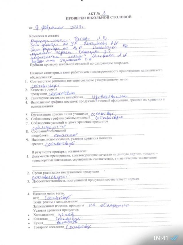 АКТ проверки школьной столовой